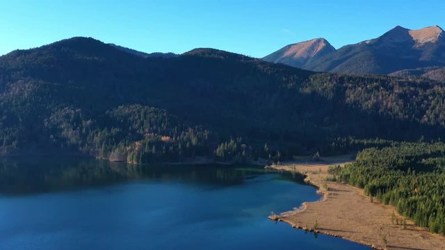 Aerial view, Flight to Barmsee, Grubsee, behind the alps, Bavaria, Germany,