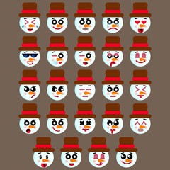 Set of Cute Snowman emoji, icons with different expressions of emotions. Snowman Emoji, face of Snowman with different expressions of emotions. Vector illustration.Christmas emoji collection.