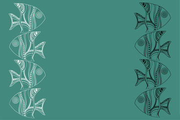turquoise background with border of black and white contour patterned fish with copy space