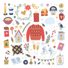 Cute winter hygge style vector doodle illustrations on white background. Sweater, candles, sweets, books elements