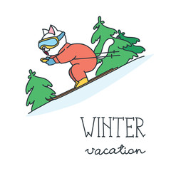 Winter vacation. Illustration of funny skier cat enjoying the winter isolated on white background. Vector 8 EPS.
