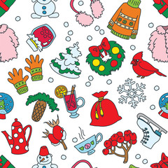 The seamless background of winter objects: snowman, christmas tree, snowflake, sweater, etc. on white. Hand drawn illustration. Vector 8 EPS