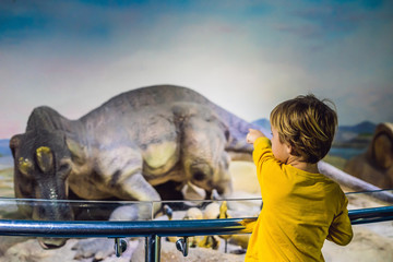 Boy in a yellow jacket watching dinosaur in museum
