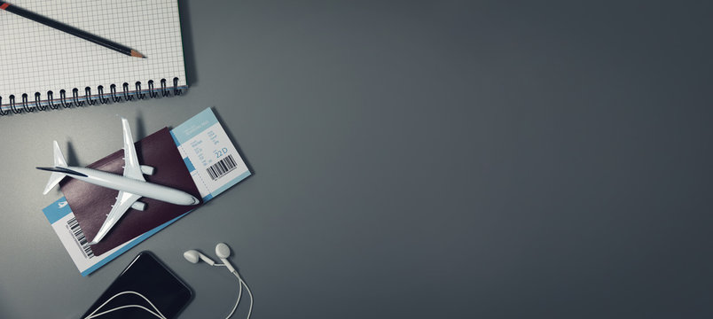 travel background - passport and boarding pass on gray background with copy space - Powered by Adobe