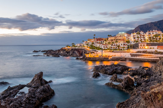 Late hour at Puerto Santiago walk promenade, Tenerife island, Canaies, Spain.