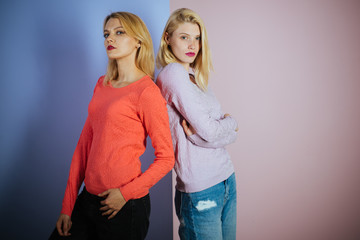 Casual and comfortable. Sensual women. Fashion models with stylish makeup and blond hair. Sexy women wear fashionable clothes. Fashion and glamour look of vogue models