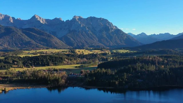 Aerial view, Flight to Barmsee, Grubsee, behind the alps, Bavaria, Germany,
