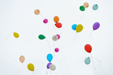 colorful balloons filled with helium fly into the sky