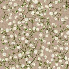 Бесшовный декоративный векторный узор из белых мелких цветов гипсофилы на светло коричневом фоне

