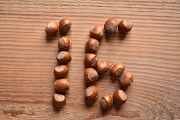 the number 16 shaped with hazelnuts