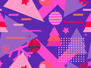 Christmas seamless pattern memphis with snowflakes and fir-trees. Great for brochures, promotional material, wrapping paper and wallpapers. Vector illustration