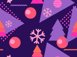 Christmas seamless pattern memphis with snowflakes and fir-trees. Great for brochures, promotional material, wrapping paper and wallpapers. Vector illustration