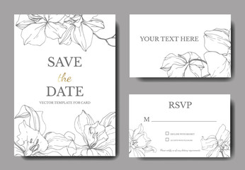 Fototapeta na wymiar Vector Orchid. Engraved ink art. Wedding background floral border. Thank you, rsvp, invitation card illustration.
