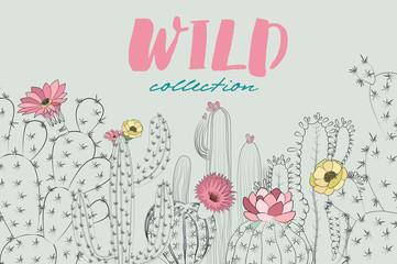 Poster with cactus and succulent in sketch style. Editable vector illustration