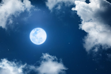 Obraz na płótnie Canvas Mystical Night sky background with full moon, clouds and stars. Moonlight night with copy space for winter background