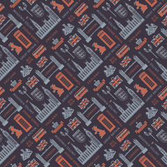 Vector seamless Background on UK and London theme with British symbols, architectural landmarks and flag of the United Kingdom in retro style. Can be used as wallpaper or wrapping paper