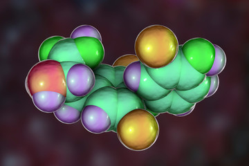 Molecule of triiodothyronine, T3, a hormone produced by thyroid gland, 3D illustration
