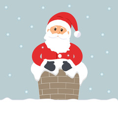 Christmas eve. Cute funny Santa Claus peeking out of the chimney. Snowflakes on a blue background. For websites, press, cards and leaflets.Vector illustration