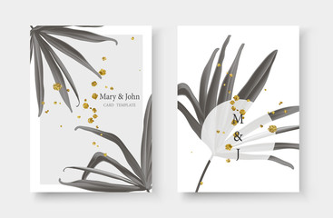 Wedding gold black white monochrome tropical invitation card with fan palm leaf
