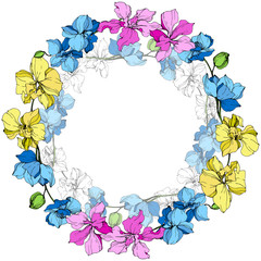 Fototapeta na wymiar Vector. Orchid botanical flower. Yellow, blue and pink engraved ink art. Frame floral wreath.