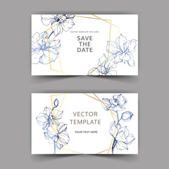 Vector. Orchid engraved ink art. Wedding background card. Thank you, rsvp, invitation elegant card illustration graphic.