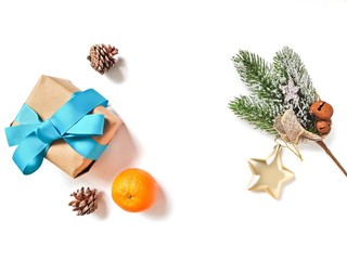 Flat lay Christmas gift and home decoration. New Year mockup, free space for text