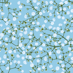 Бесшовный декоративный векторный узор из белых мелких цветов гипсофилы на голубом фоне