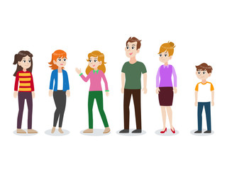 Set of cute happy Family,dad mom son daughter standing together cartoon character flat design vector on white background.