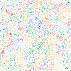 Kitchen and cooking seamless pattern. Icons of food and drink.