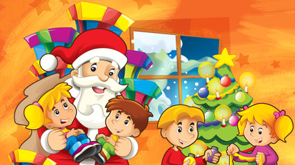 cartoon scene with santa claus and kids waiting for presents and decorating christmas tree - illustration for children