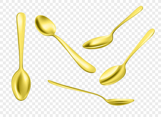 Set of realistic golden metal spoons