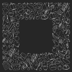 Kitchen and cooking seamless pattern. Icons of food and drinks. Blackboard chalk image