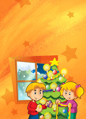 Obraz na płótnie Canvas cartoon scene with kids decorating christmas tree in the room - illustration for children