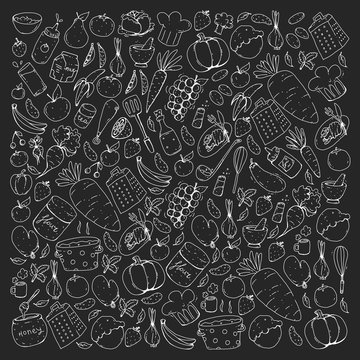 Kitchen and cooking seamless pattern. Icons of food and drinks. Blackboard chalk image