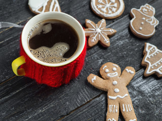Christmas gingerbread cookies and a mug of coffee