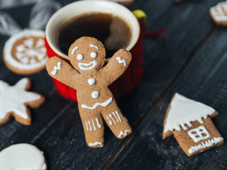 Christmas gingerbread cookies and a mug of coffee