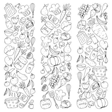 Kitchen and cooking seamless pattern. Icons of food and drinks. Colorful images for wrapping paper, textile, fabric