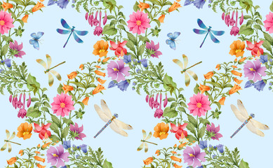 Ornament of flowers and dragonflies. Seamless background pattern version 4