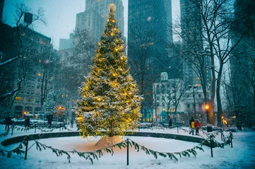  Scenic winter evening view of the glowing lights of a Christmas tree surrounded by the skyscrapers of Midtown Manhattan in Madison Square Park, New York City © lazyllama