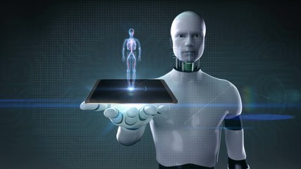 Robot, cyborg lifting smart pad, tablet, Scanning Human blood vessel with UI, Future medical technology, X-ray light. 4k animation.