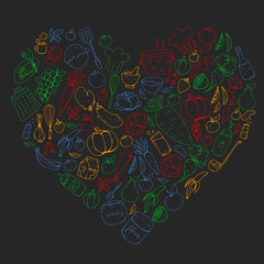 Kitchen and cooking seamless pattern. Icons of food and drinks. Blackboard chalk image