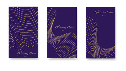 Luxury Christmas golden garlands. Set of violet gold covers, templates, printing elements, cards. Round glittering confetti, festive tinsel, magic design for polygraphy. Glittering Vector Texture.