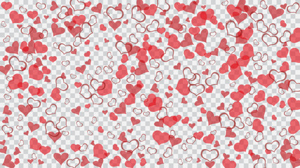 Part of the design of wallpaper, textiles, packaging, printing, holiday invitation for birthday. Red on Transparent fond Vector. Stylish background. Red hearts of confetti are falling.