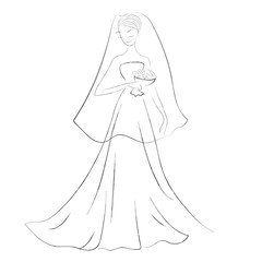 Fototapeta na wymiar Vector sketch illustration of cartoon bride with bridal veil and bouquet in her hands. 