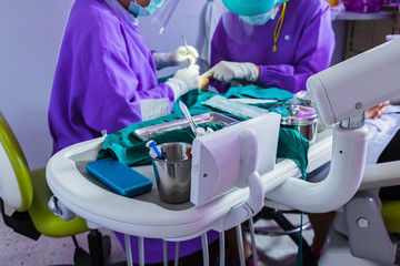 Close up instrument dish of dental chair and dentist With patient treatment blur background