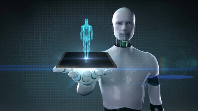 Robot, cyborg lifting smart pad, tablet, Rotating Human muscle system with UI, Future medical technology, X-ray light. 4k animation.