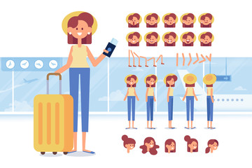 Traveler girl with tickets and luggage. Front, side, back, 3/4 view character. Woman character constructor with various views, face emotions, poses. Cartoon style, flat vector illustration.