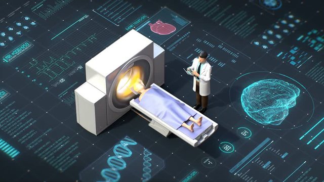 MRI scanner vector illustration of doctor and patients on medical MRI scanning examination on user interface. future medical technology, 4k animation.