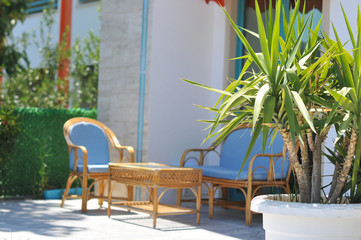 Furniture for the outside site. Palm trees. Patio. Summer. The sun