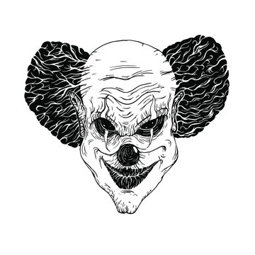 Evil clown face isolated at white background.Linocut engraving retro hand drawn style. 